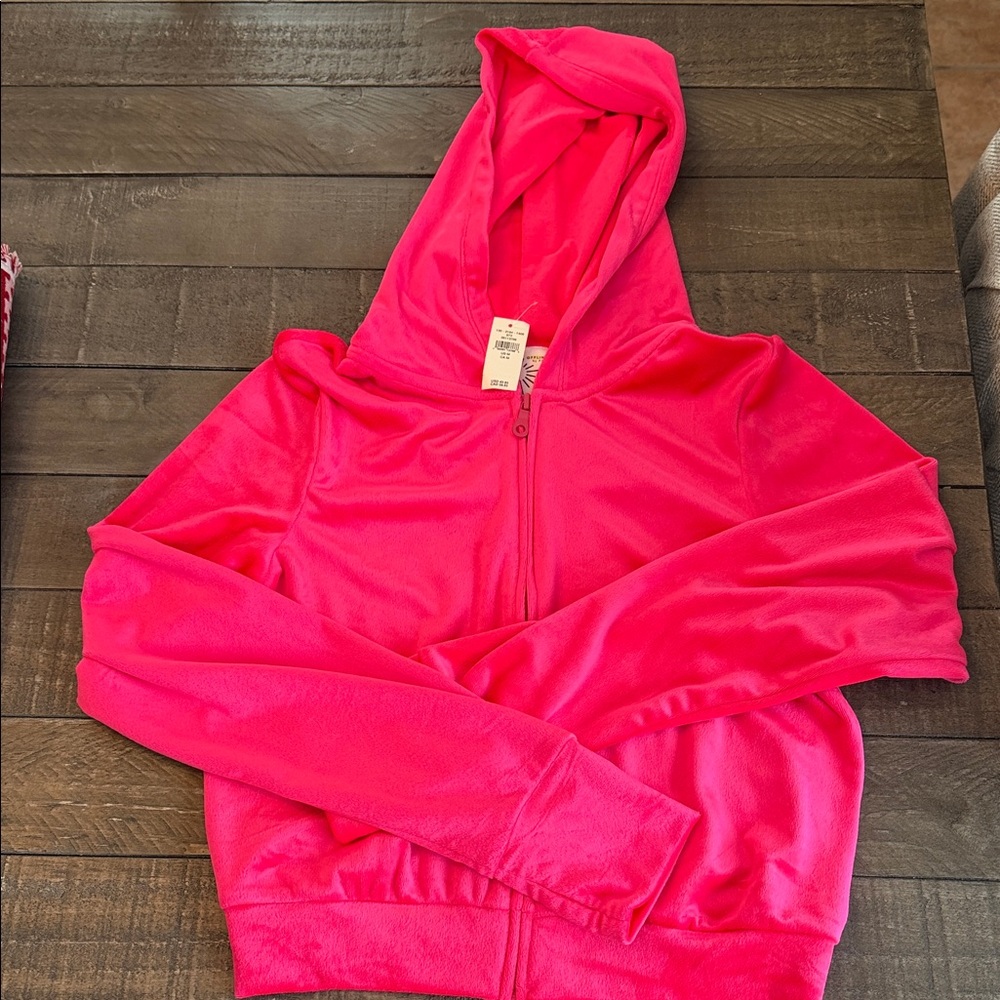 Aerie Vibrant Pink Velour Cropped Zip-Up Jacket